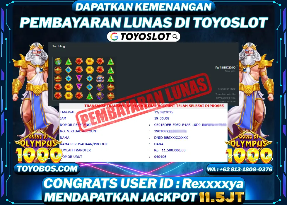 TOYOSLOT - BUKTI KEMENANGAN Gates Of Olympus 1000x Rp11,500,000,- LUNAS